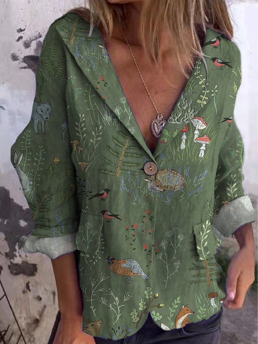 Woodland And Animals Repeat Pattern Printed Women's Linen And Cotton Pocket Coat