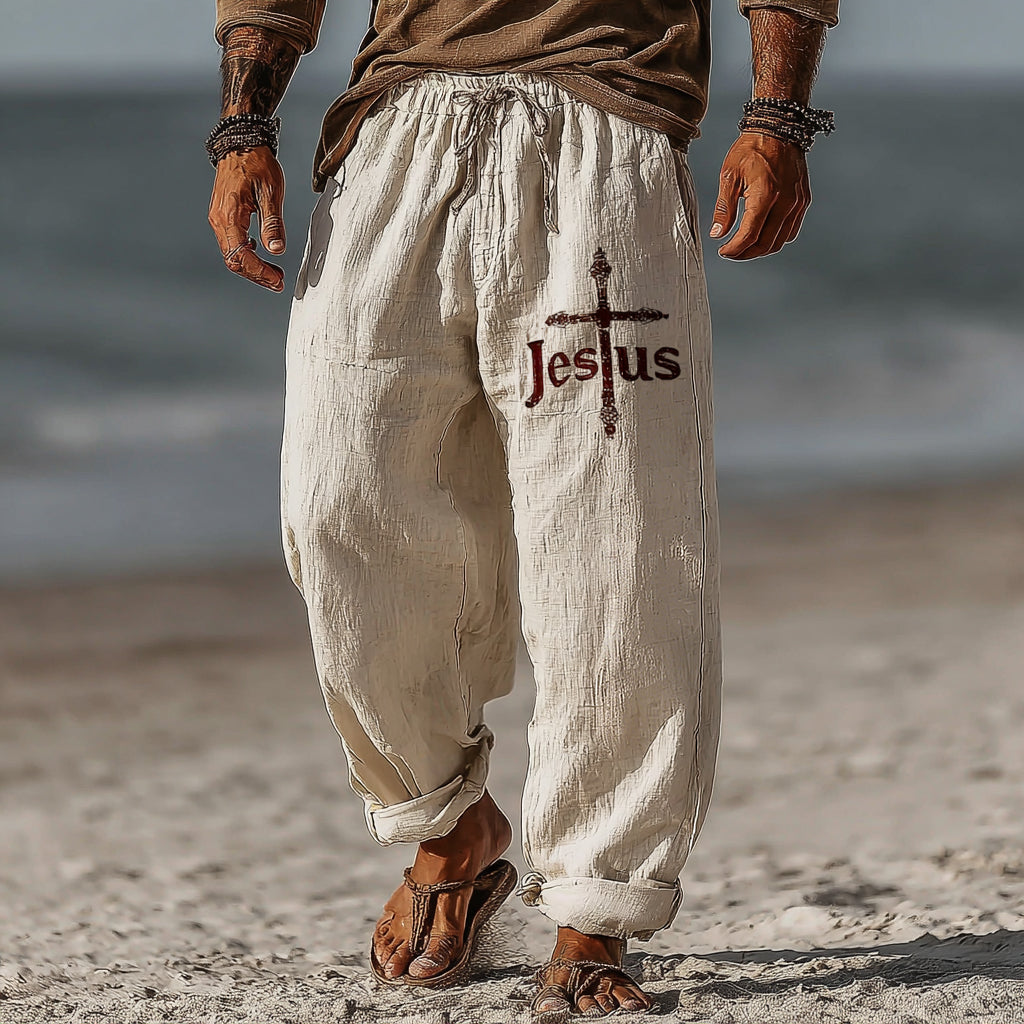 Men's Vintage Faith Cross With Jesus Art Loose And Comfortable Cotton And Linen Pants elevenforest