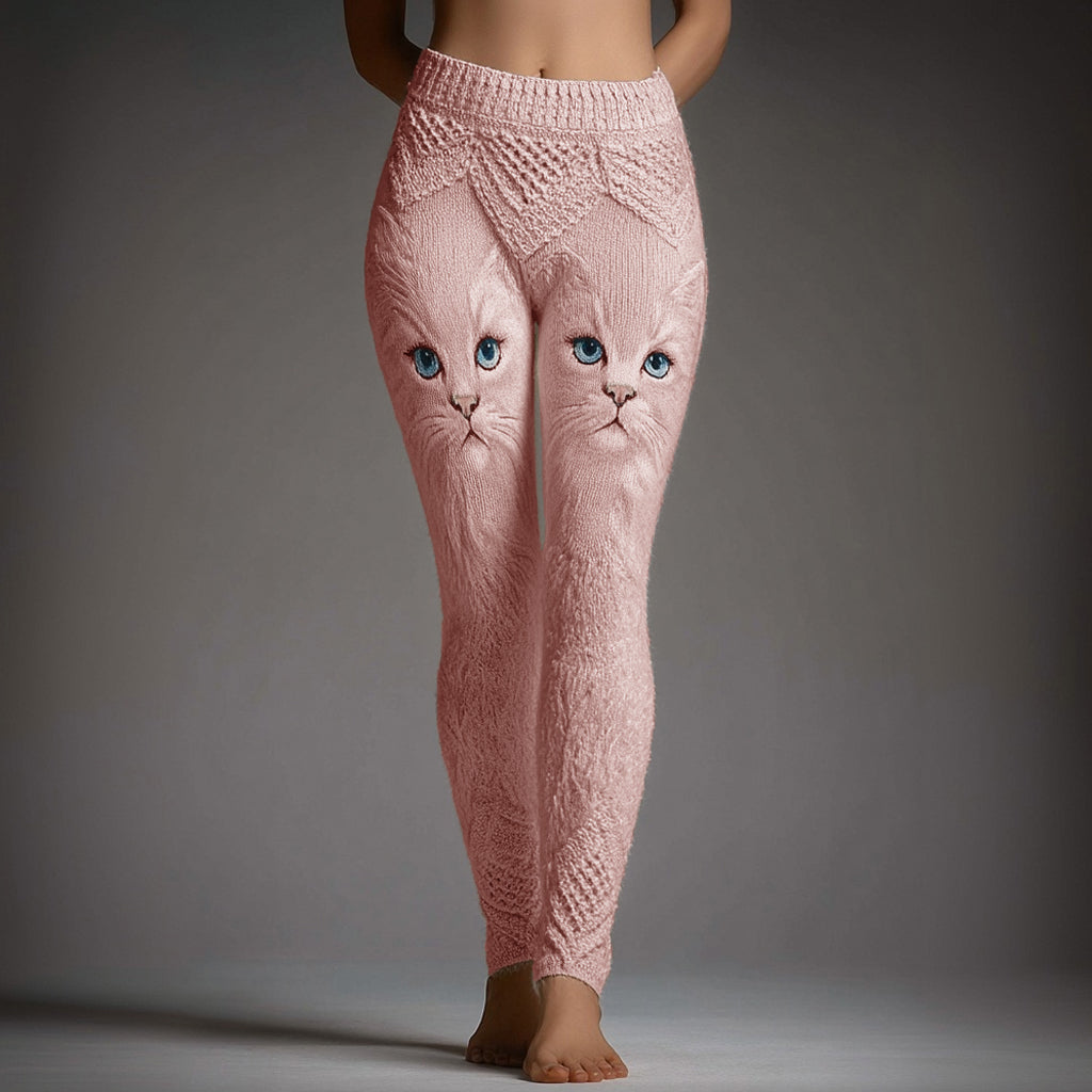 Cute Cat Face Embroidered Cozy Knit Leggings elevenforest