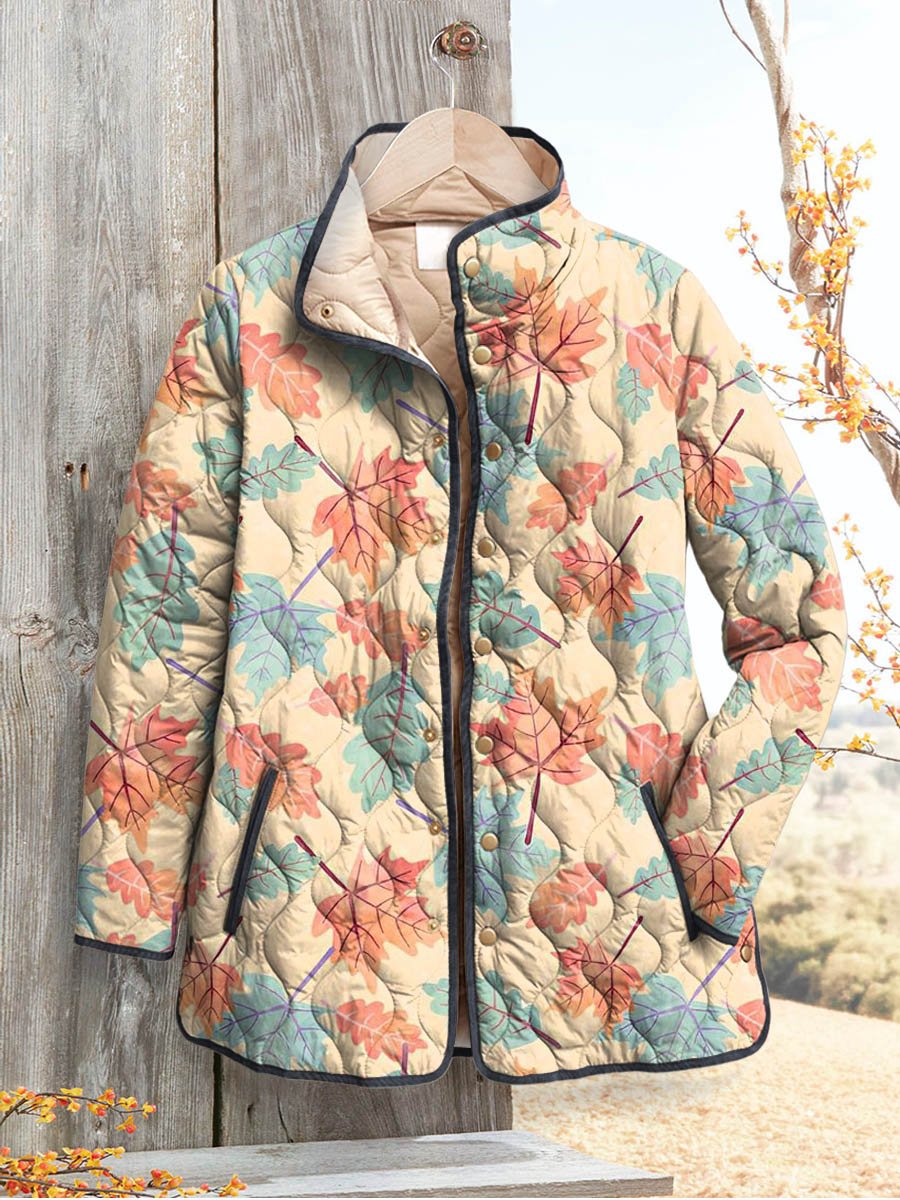 Women's Fall Leaves Art Print Casual Quilted Cardigan