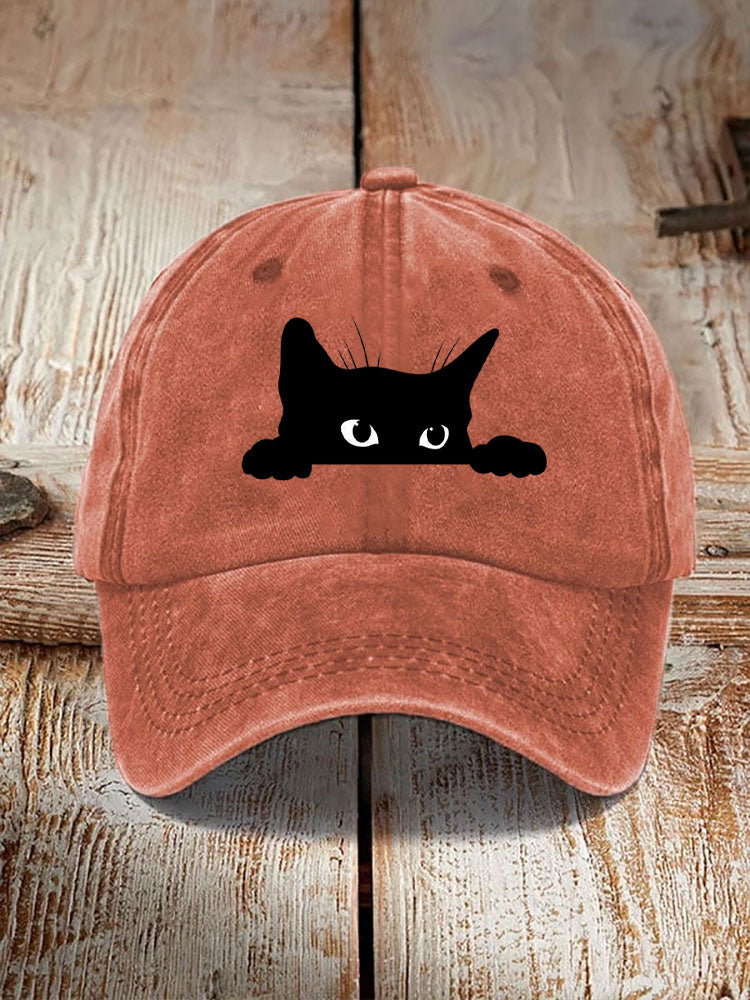 Unisex Washed Cotton Bend Casual Black Cat Print Hat elevenforest