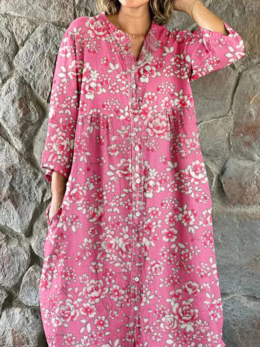 Women's Elegant Vintage Rose Floral Pattern Shirt Style Cotton and Lin