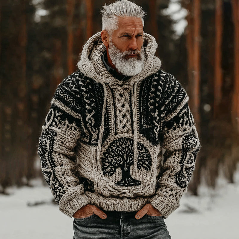 Men's Vintage Viking Tree Of Life Celtic Knot Art Pattern Cozy Knit Hooded Sweater elevenforest