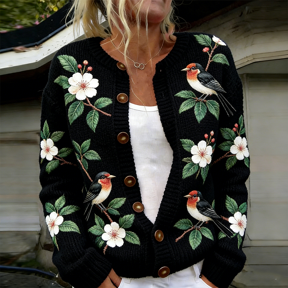 Retro Flower And Bird Pattern Women's Casual Sweater Coat elevenforest