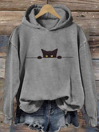 Women's Casual Funny Black Cat Print Hoodie elevenforest