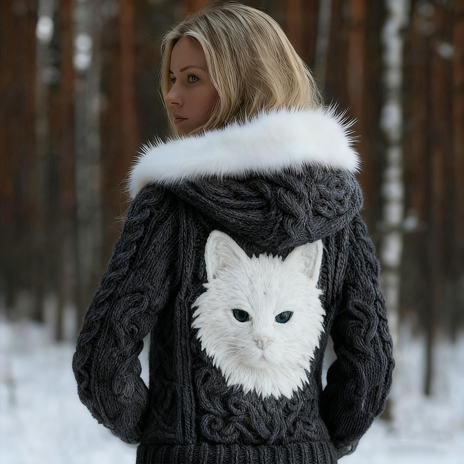 Viking Retro Cat Design Women's Hooded Knit Sweater Jacket elevenforest