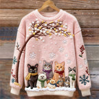 Christmas Cats Embroidery Women's Cozy Plush Sweater elevenforest