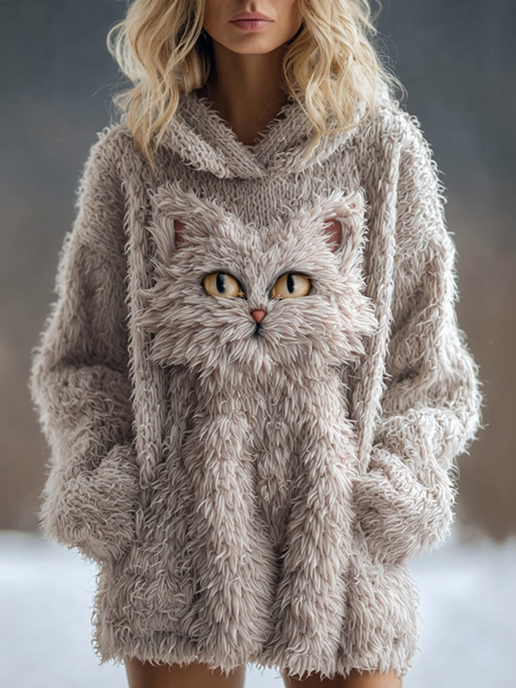 Cute Fuzzy Cat Embroidered Soft Hooded Sweater elevenforest