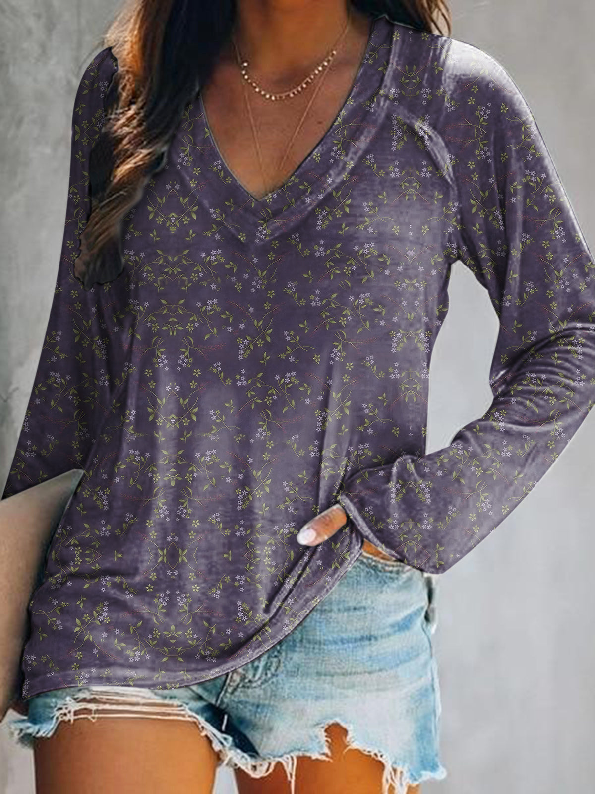 Women's Casual Vintage Floral Art Print V Neck Long Sleeve Tops