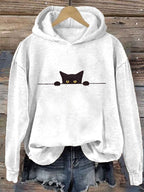 Women's Casual Funny Black Cat Print Hoodie elevenforest