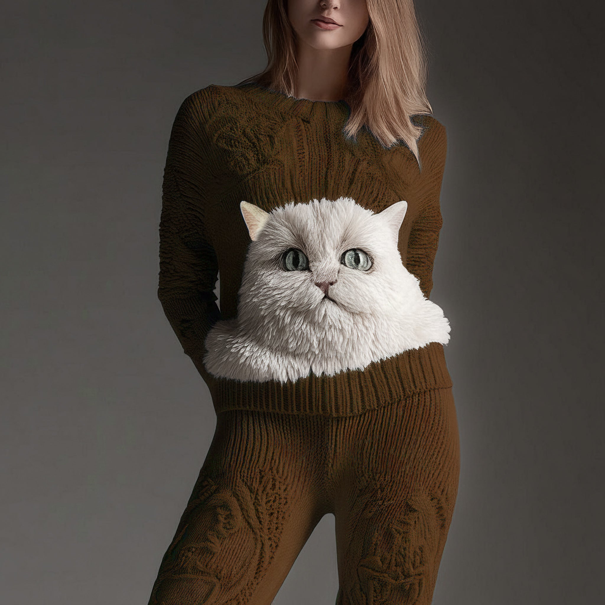Cute Fuzzy Cat Face Embroidered Cozy Knit Sweater elevenforest