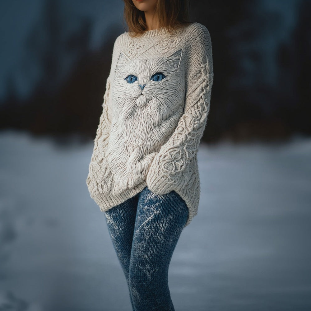 Cute Cat Face Pattern Jacquard Cozy Knit Sweater elevenforest