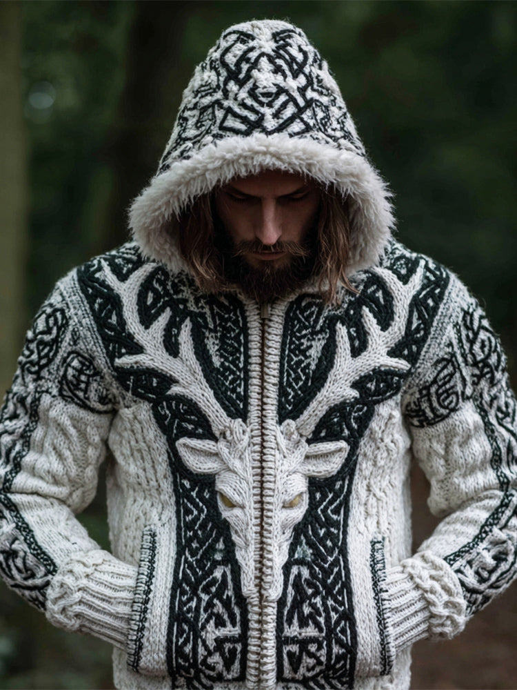 Viking Tribe Deer Head Pattern Men's Knit Hooded Cardigan elevenforest