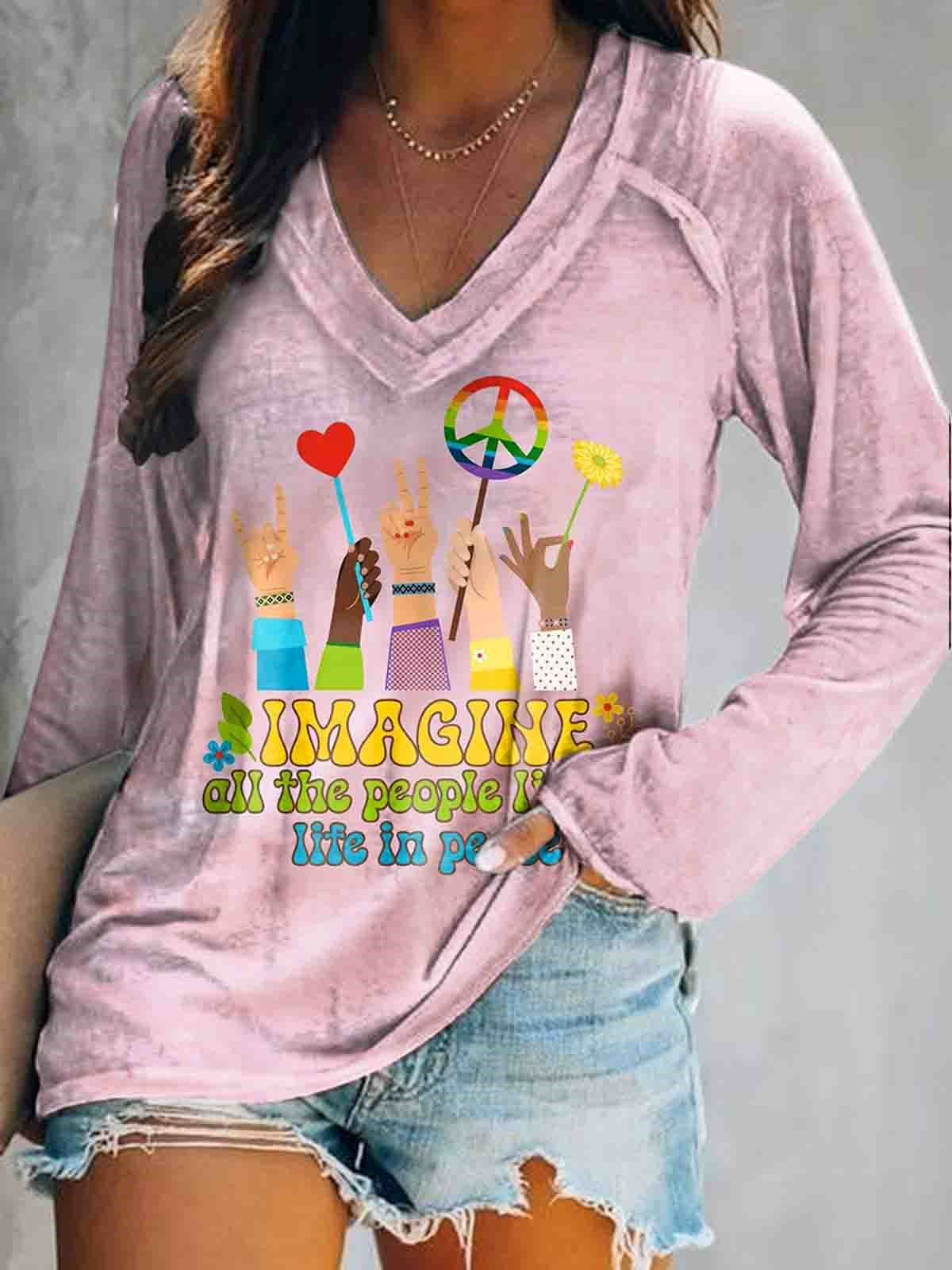 Women's Hippie Art Print V-Neck Long Sleeve Top