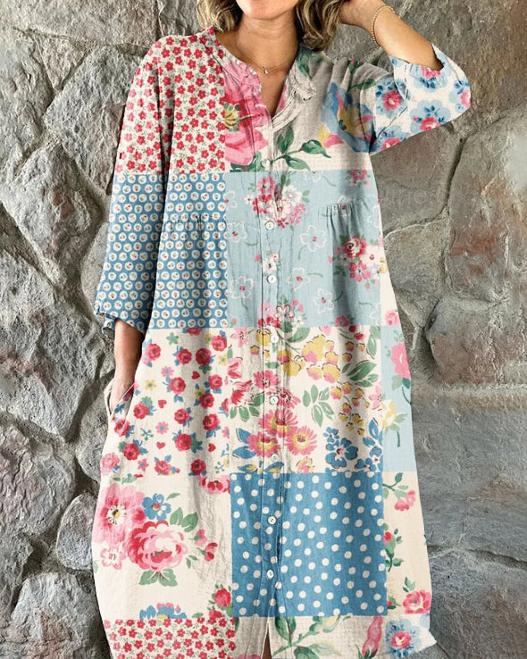Vintage Floral Print Mid-length Shirt Dress