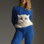 Cute Fuzzy Cat Face Embroidered Cozy Knit Sweater elevenforest