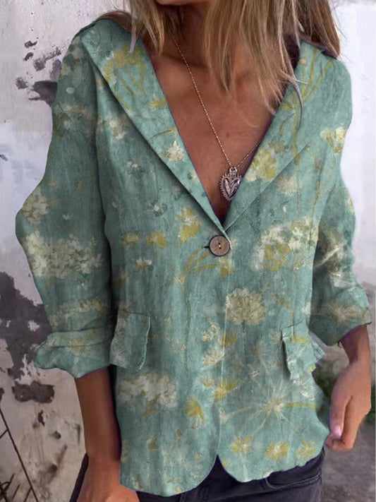 Women's Vintage Floral Art Print Casual Linen And Cotton Pocket Coat