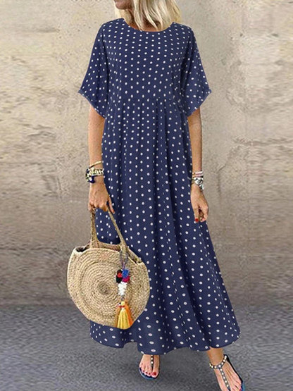 ER | Polka Dot Ladies Midi Dress Bohemian Holiday Manica corta O-Neck Long Robe Vintage Loose Casual A-line Vestidos Summer