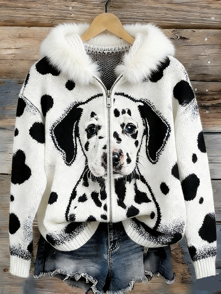Spot Dog Pattern Printed Women's Hooded Sweater Coat elevenforest