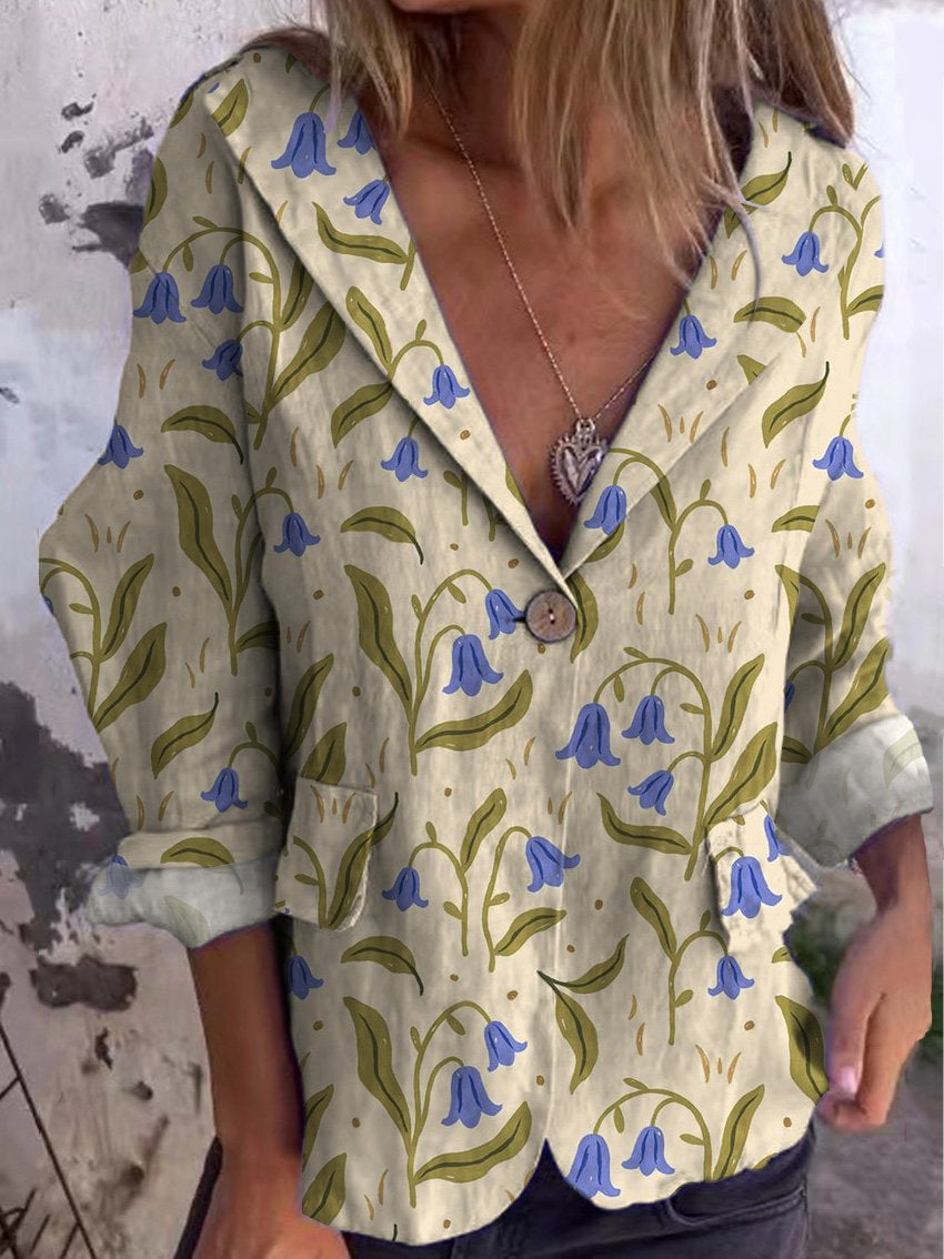 Lovely Spring Bluebell Floral Pattern Printed Women's Linen And Cotton Pocket Coat