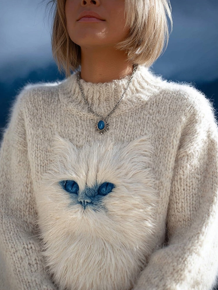 Pretty Fuzzy Cat Embroidered Soft Cozy Knit Sweater elevenforest