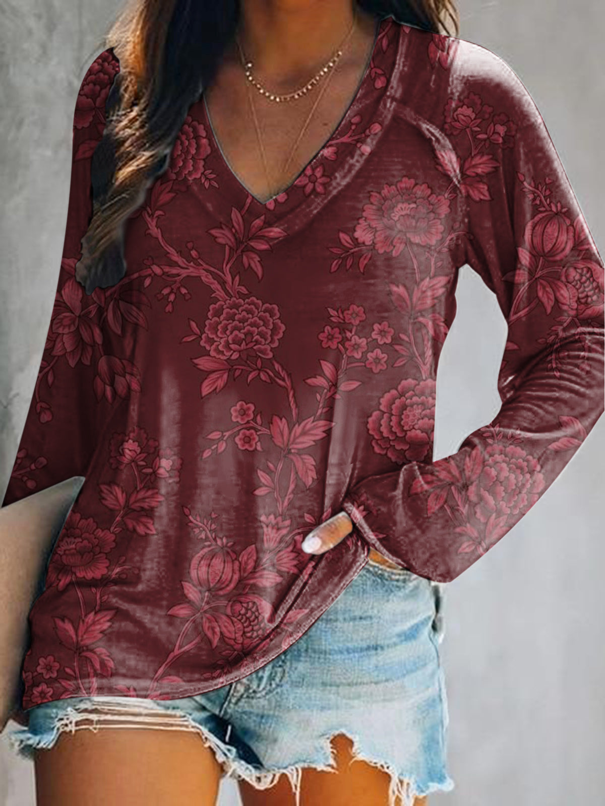 Women's Casual Vintage Floral Art Print V Neck Long Sleeve Tops