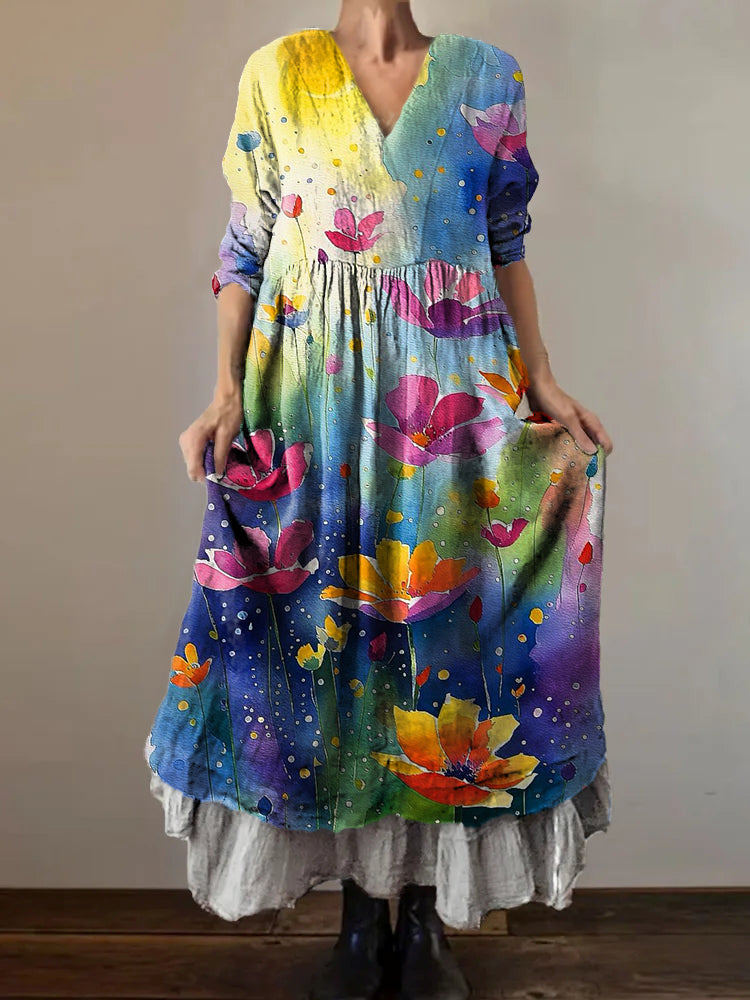 Women's Vintage Floral Art Print V-Neck Button Pocket Cotton Dress