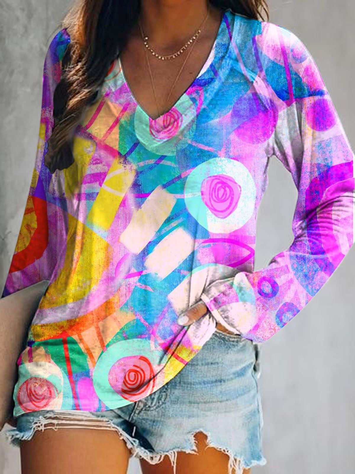Women's Colorful Irregular Pattern Art Print V-Neck Long Sleeve Top