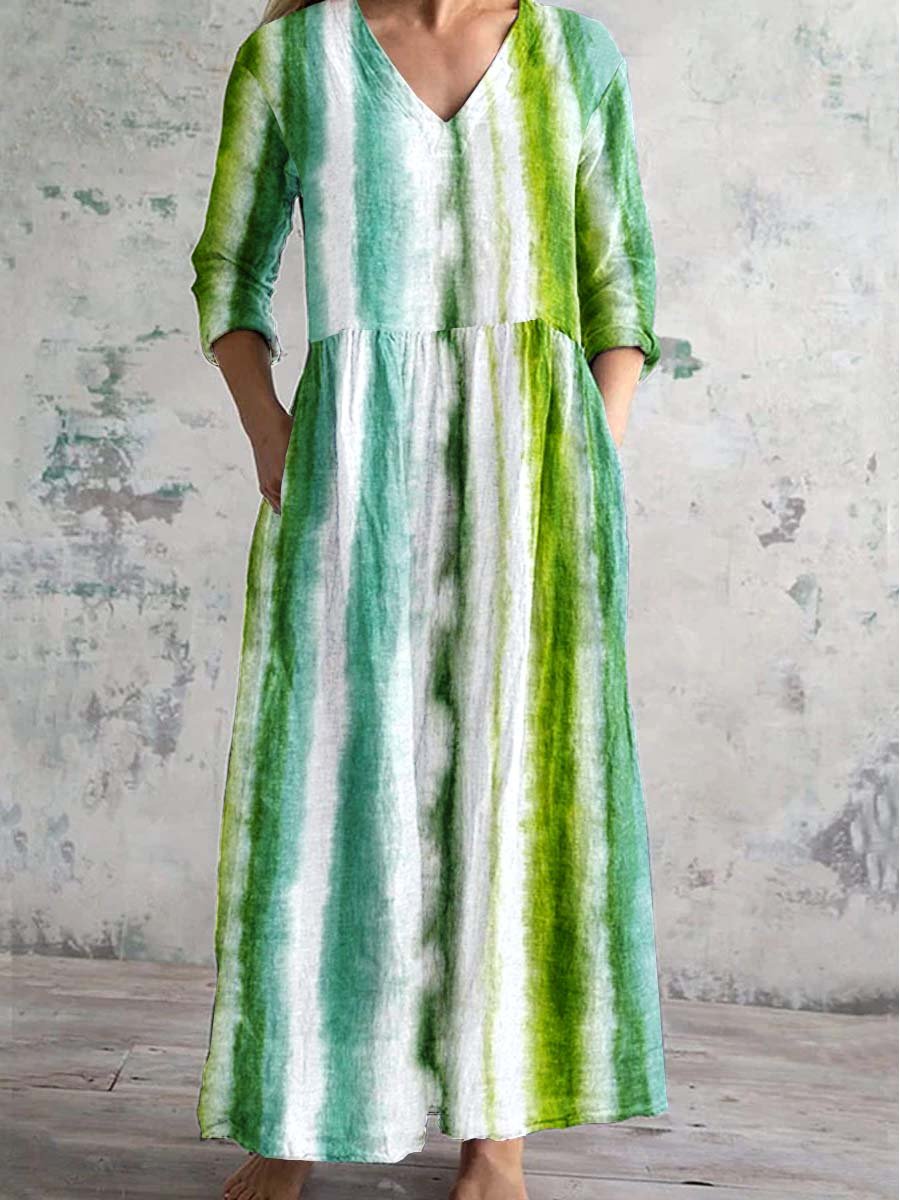 Women's Vintage Boho Stripe Pattern V Neck Dress with Pockets