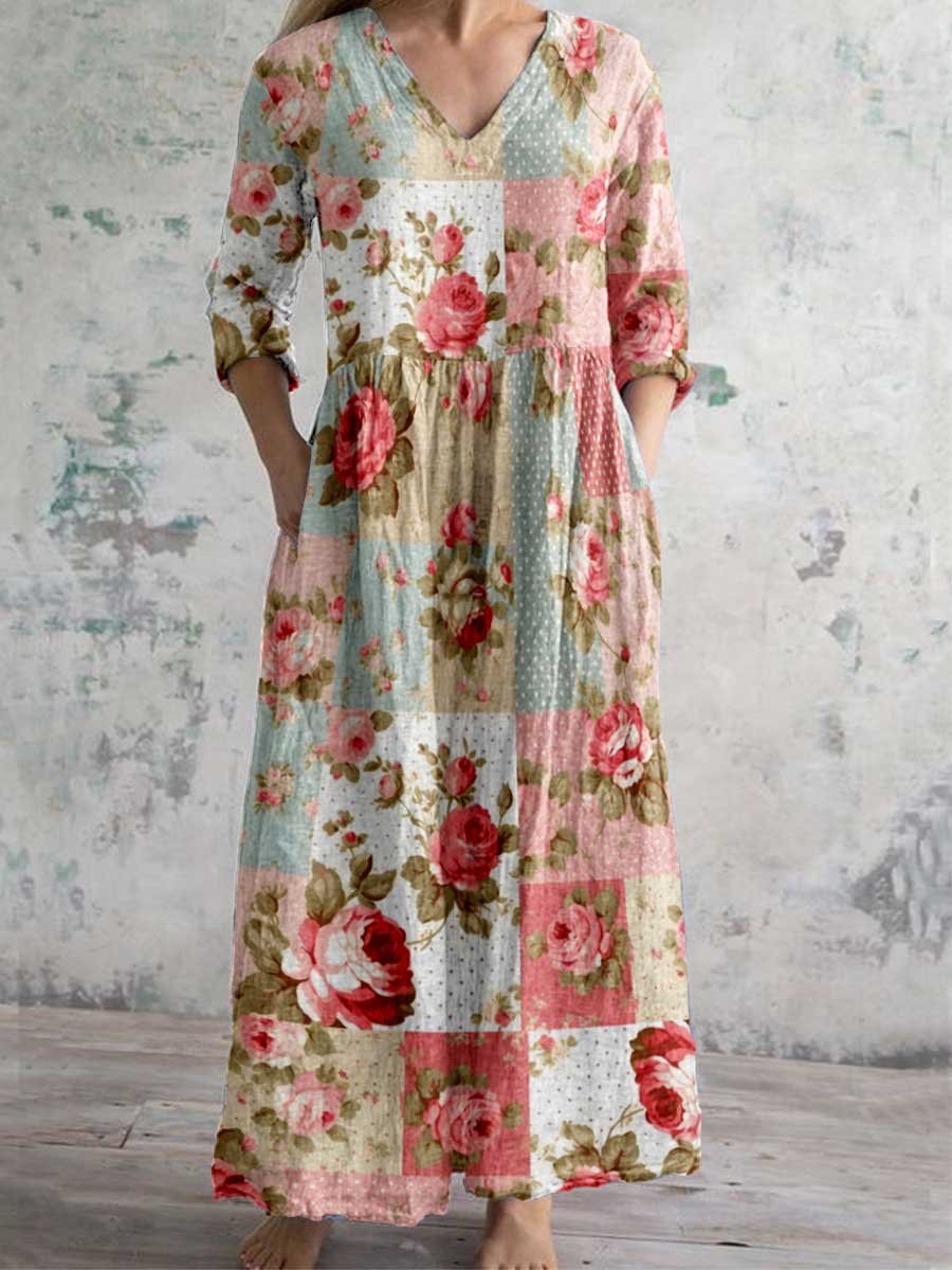 Women's V-Neck Vintage Rose Floral Pattern Cotton and Linen Dress with