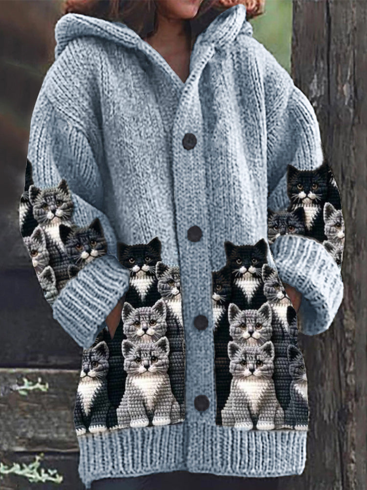 Crowded Cats Crochet Art Cozy Knit Hooded Cardigan elevenforest