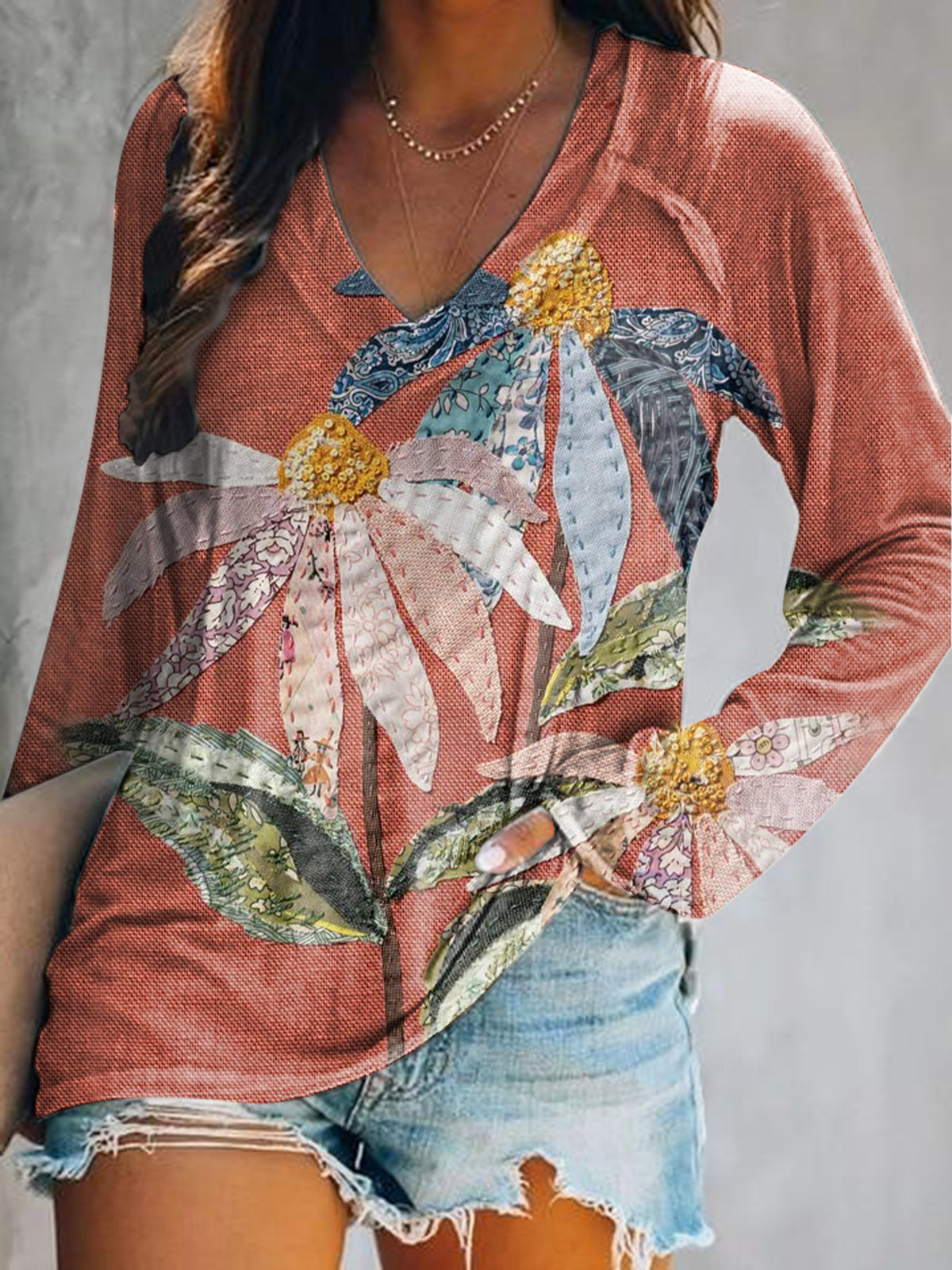 Women's Casual Vintage Floral Art Print V Neck Long Sleeve Tops