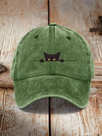 Japanese Art Black Cat Print Washed Hat elevenforest