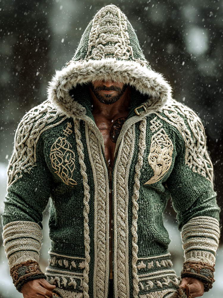 Men's Retro Viking Wolf Embroidered Print Hooded Jacket elevenforest