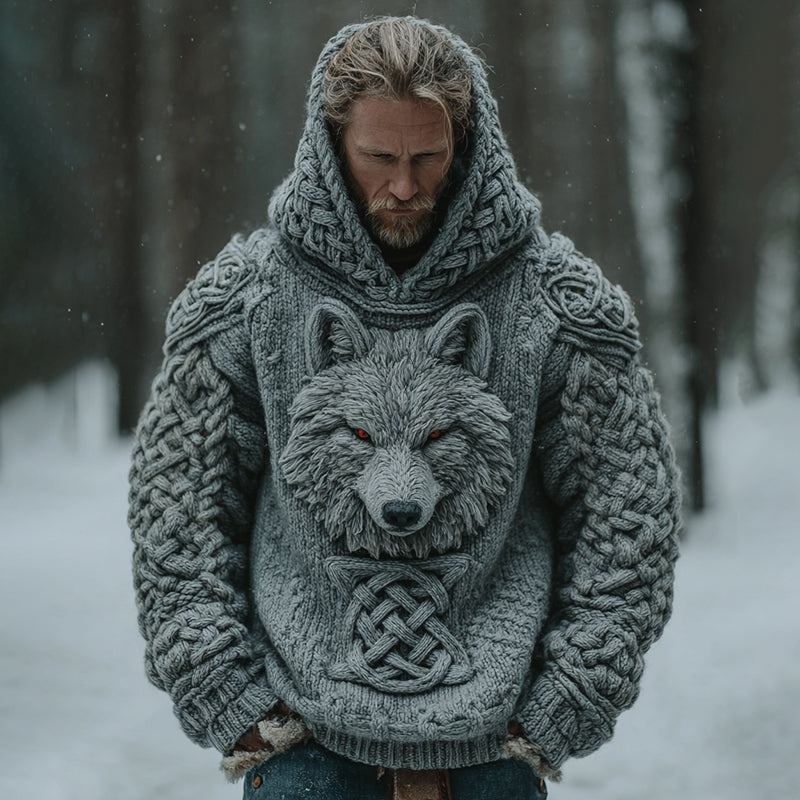 Men's Viking Tribal Wolf Jacquard Knitted Hooded Sweater elevenforest