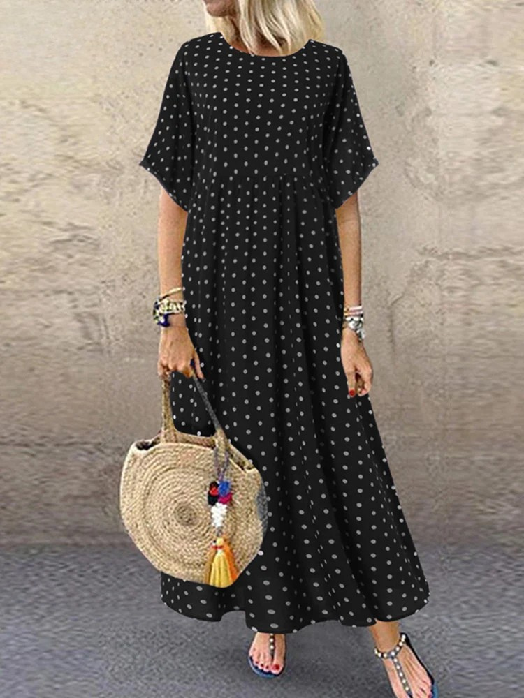 ER | Polka Dot Ladies Midi Dress Bohemian Holiday Manica corta O-Neck Long Robe Vintage Loose Casual A-line Vestidos Summer