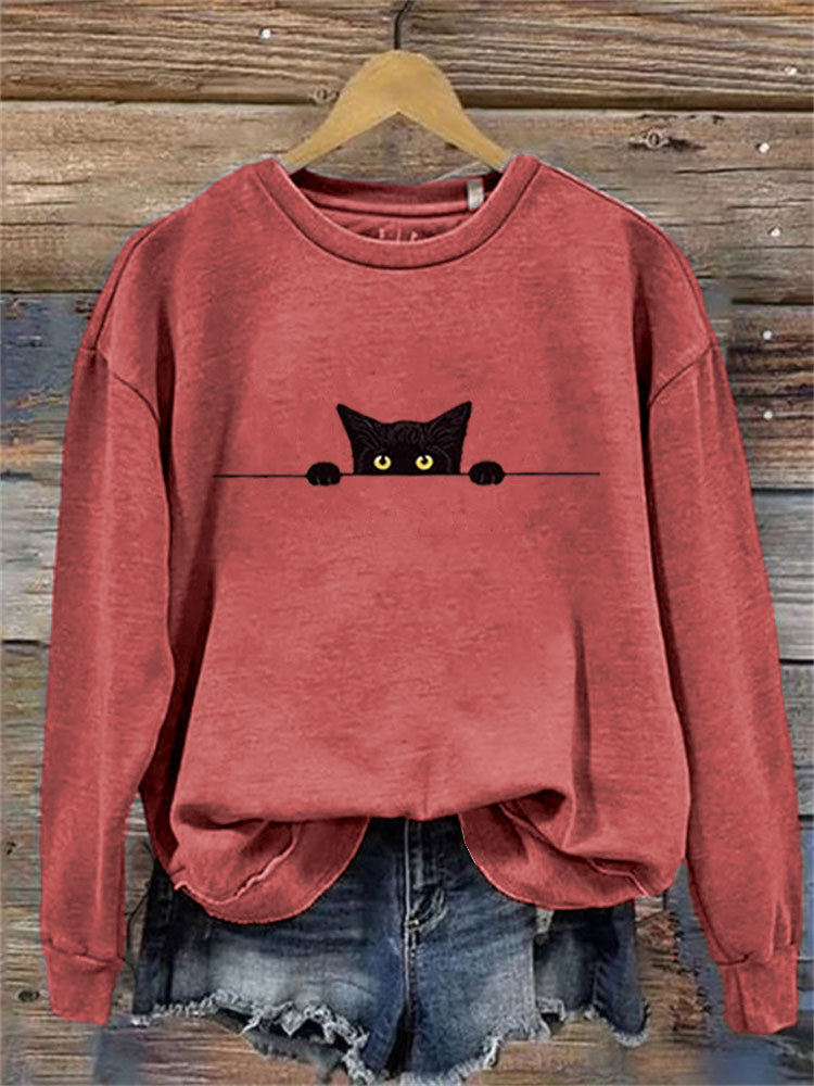 Women's Casual Funny Black Cat Print Sweatshirt elevenforest