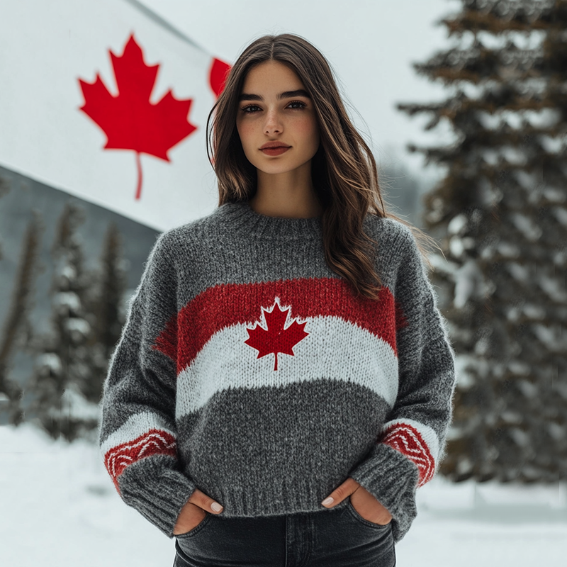 Women's Canada Maple Leaf Art Pattern Cozy Knit Sweater elevenforest