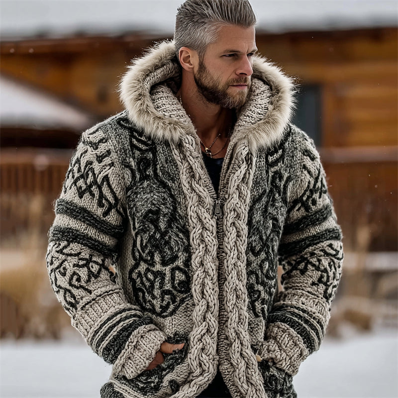 Men's Viking Totem Celtic Chunky Cozy Fur Hooded Cardigan elevenforest