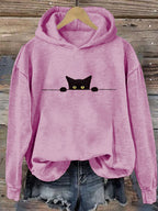 Women's Casual Funny Black Cat Print Hoodie elevenforest