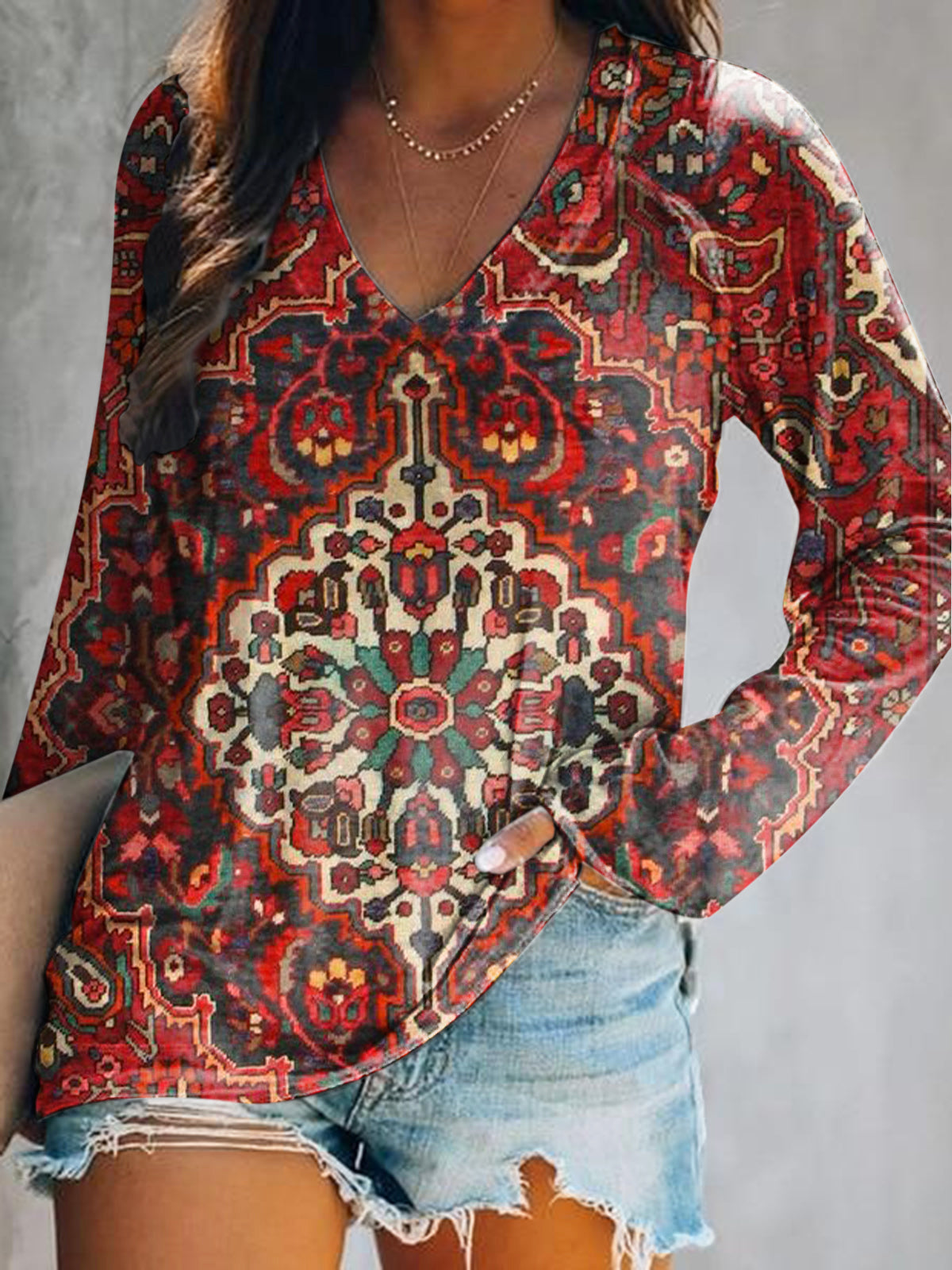 Women's Casual Vintage Ethnic Floral Art Print V Neck Long Sleeve Tops