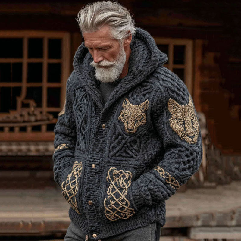 Men's Viking Celtic Wolf Pattern Art Cozy Button Hooded Jacket elevenforest