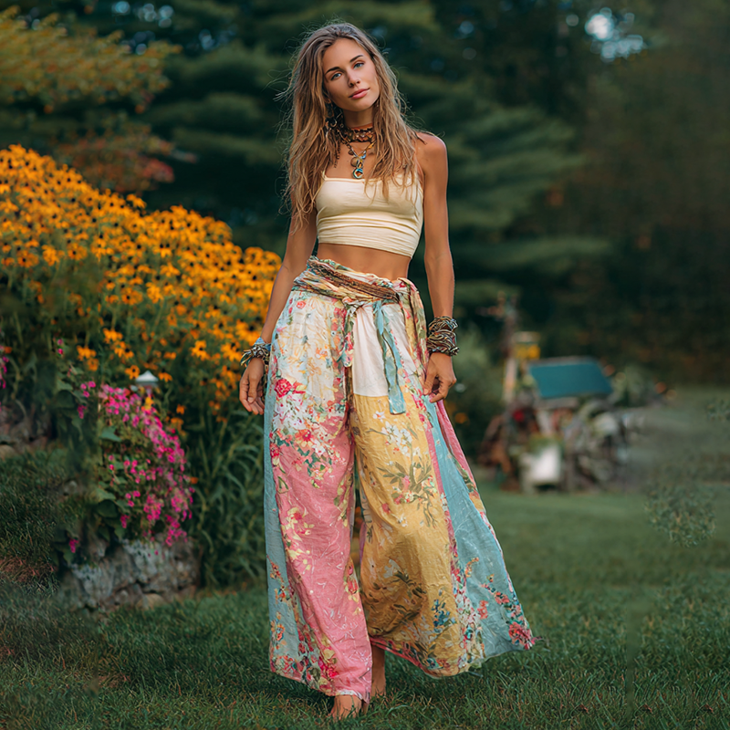 Women's Bohemian Patchwork Casual Wide Leg Pants