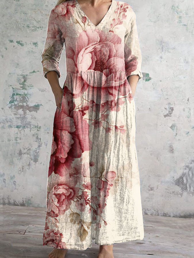 Vintage Floral Print V-neck Long-sleeved Dress