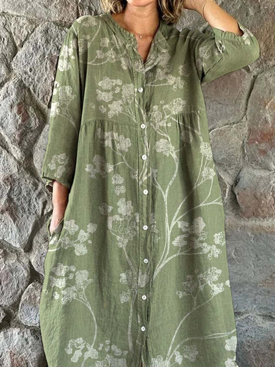 Women's Elegant Vintage Floral Pattern Shirt Cotton Linen Dress