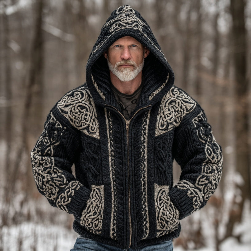 Men's Vintage Viking Celtic Knot Art Cozy Knit Hooded Jacket elevenforest