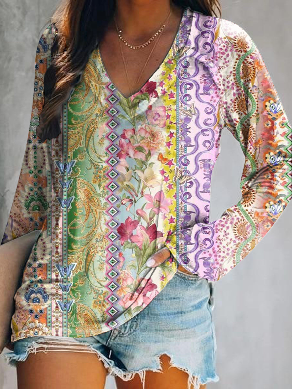 Women's Casual Vintage Floral Art Print V Neck Long Sleeve Tops