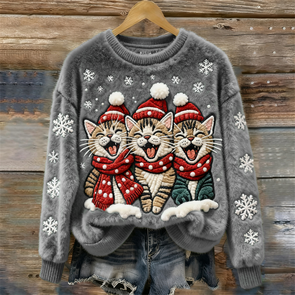 Christmas Cats Women's Cozy Plush Sweater elevenforest