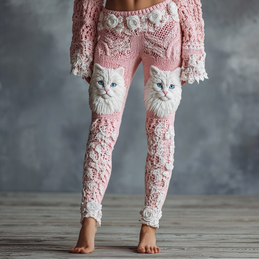 Women's Cute Cat Face Lace Embroidered Gradient Cozy Leggings elevenforest