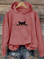 Women's Casual Funny Black Cat Print Hoodie elevenforest